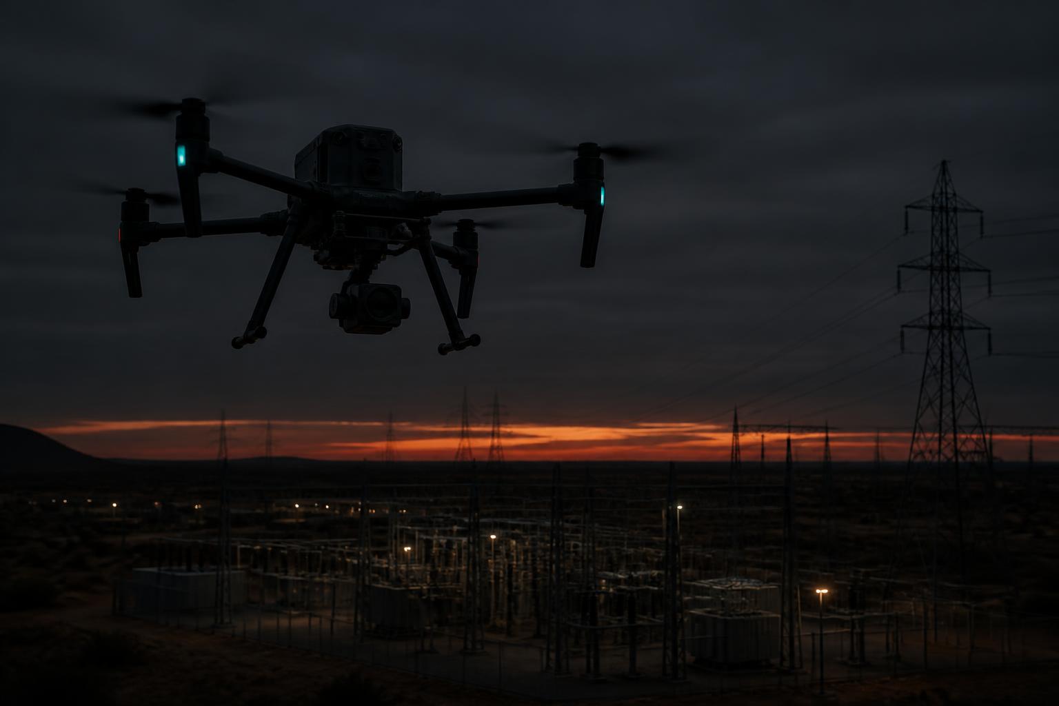 Autonomous drone above industrial infrastructure at dusk