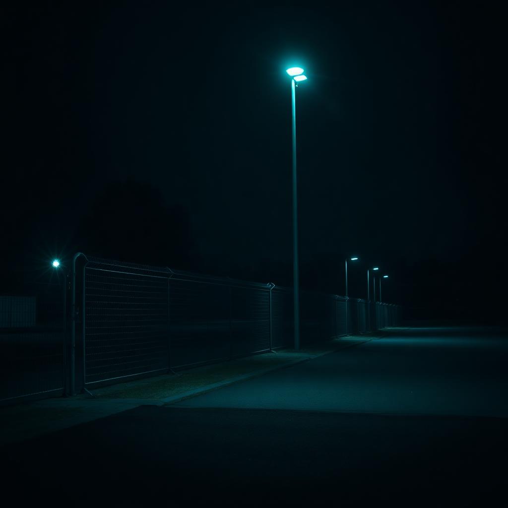 Secured perimeter fence line at night